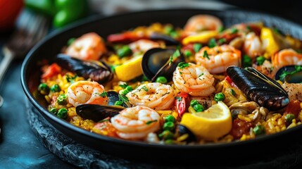 Delicious traditional valencian paella with shrimps and mussels is steaming in a pan