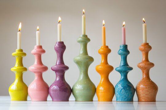 Seven colorful lit candlesticks standing on a white table