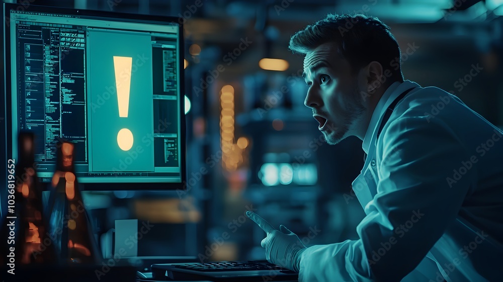Poster Scientist in Lab Coat Examining Glowing Exclamation Mark on Computer Screen Symbolizing Groundbreaking Discovery
