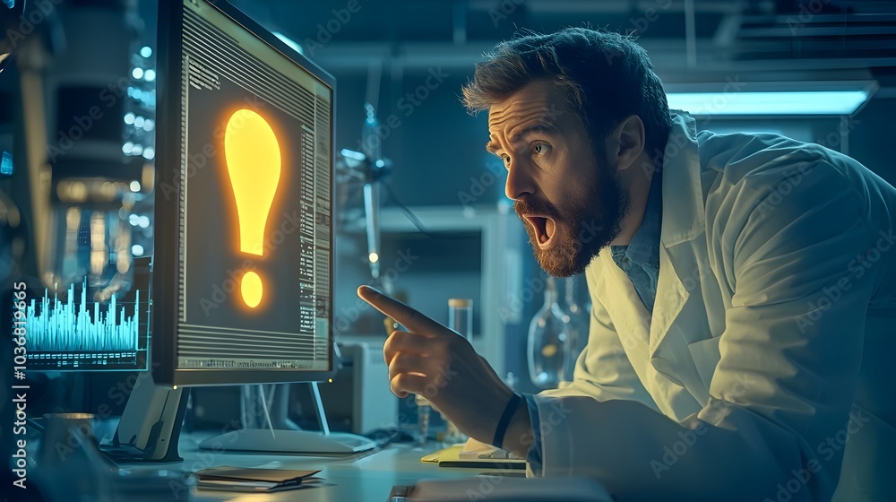 Poster scientist in lab coat gazing at glowing exclamation mark on computer screen symbolizing groundbreaki