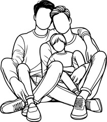 Black Line Art Happy Family Sitting Pose Art Hand Drawn Illustration