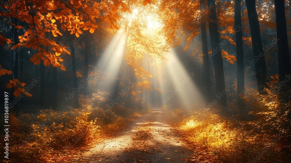 Poster sunbeams shining through fog and autumn trees on forest path