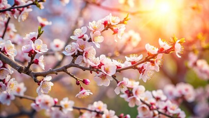 Fototapeta premium Spring blooming apricot tree reflected in natural background