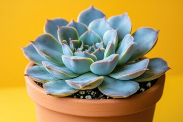 Obraz premium Echeveria succulent growing in terracotta pot on yellow background