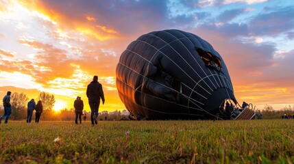 Obraz premium A hot air balloon crash in an open field, with the deflated balloon draped over trees and people running toward the wreckage under a pastel sky