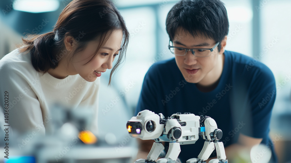 Poster teamwork in robotics lab with engineer and project manager