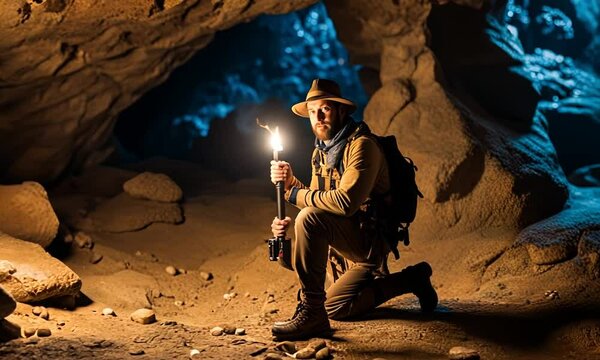 Explorer with torch in a cave.