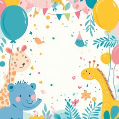 Vibrant and fun birthday party invitation flyer illustration for a kid's birthday party. Giraffe, elephant, bear, ballon, confetti.
For wallpaper, card, invitation, banner, leaflet, flyer.