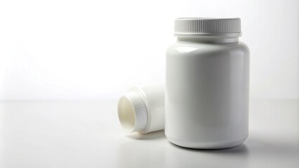 white plastic bottle of pills on a tilted angle against white background