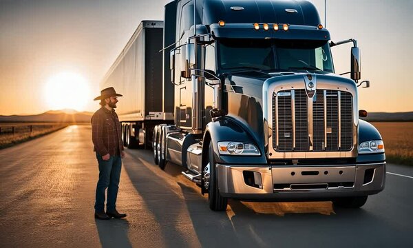 American Cowboy truck driver next to the truck.