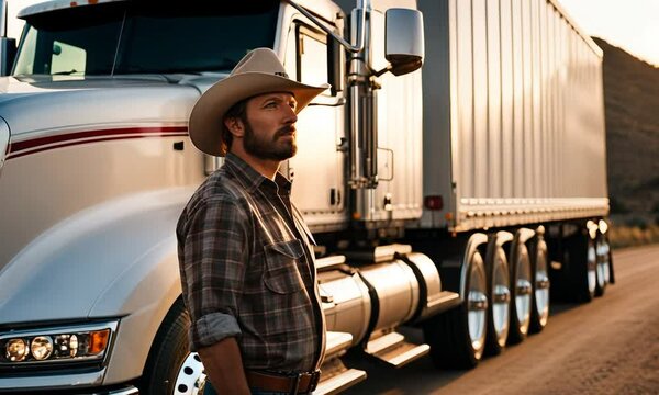 American Cowboy truck driver next to the truck.