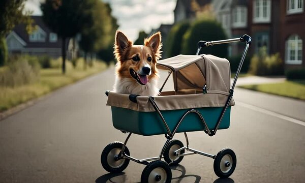 Dog in a baby stroller.