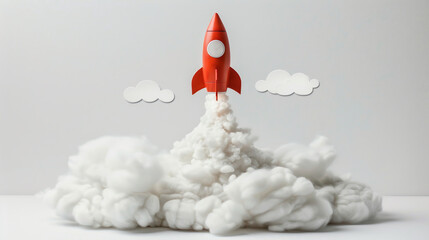 rocket launching with rising graph, surrounded by white clouds on white background. Concept of growth and success