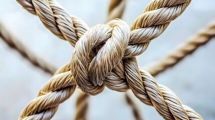 Complex web of interconnected ropes symbolizing intricate business relationships and antitrust challenges, with a focused foreground rope representing the effort to break monopolies.