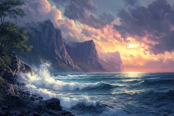 coastal sunrise, a dramatic wild nature scene waves crashing against ancient rocks on a rugged coastline, bathed in the soft hues of dawn