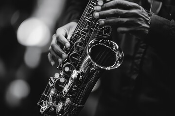 Musician playing saxophone on stage with dramatic lighting
