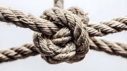 Complex web of interconnected ropes symbolizing intricate business relationships and antitrust challenges, with a focused foreground rope representing the effort to break monopolies.