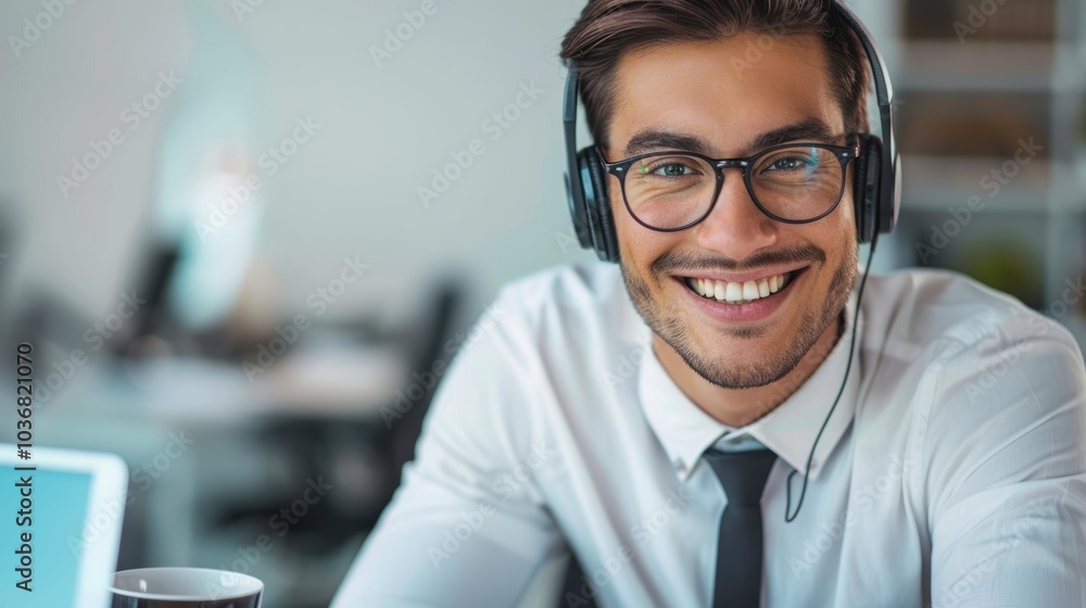 Poster mockup of a laptop with a consultant preparing a sales pitch, featuring elements of telecommunicatio