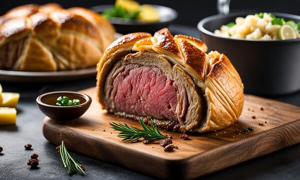 Beef Wellington on a table.