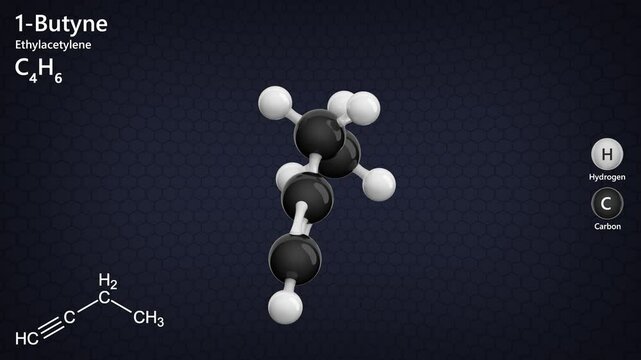 Molecule of 1-Butyne (C4H6) is a colorless, flammable gas, classified as a terminal alkyne. It is utilized in organic synthesis. Dark background. 3D rendering. Seamless loop
