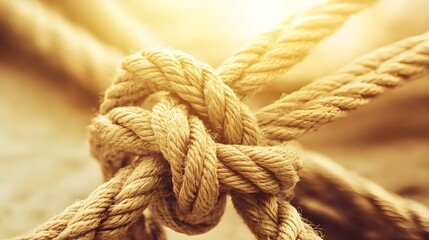 Complex web of interconnected ropes symbolizing intricate business relationships and antitrust challenges, with a focused foreground rope representing the effort to break monopolies.