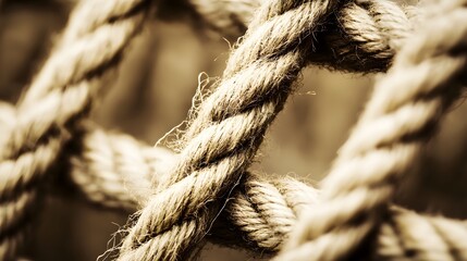 Complex web of interconnected ropes symbolizing intricate business relationships and antitrust challenges, with a focused foreground rope representing the effort to break monopolies.