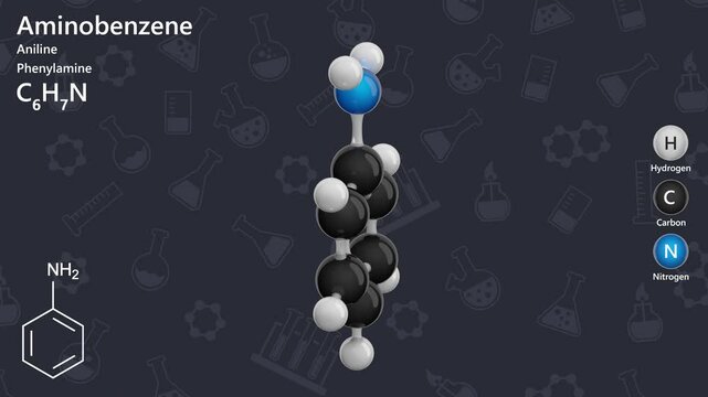 Molecule of Aniline (C6H5NH2) is an aromatic amine. It is used in dye production, pharmaceuticals, and as a chemical intermediate. Dark background. 3D rendering. Seamless loop
