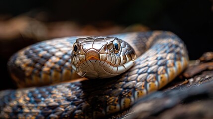 Fototapeta premium A close-up image of a snake with striking patterned scales