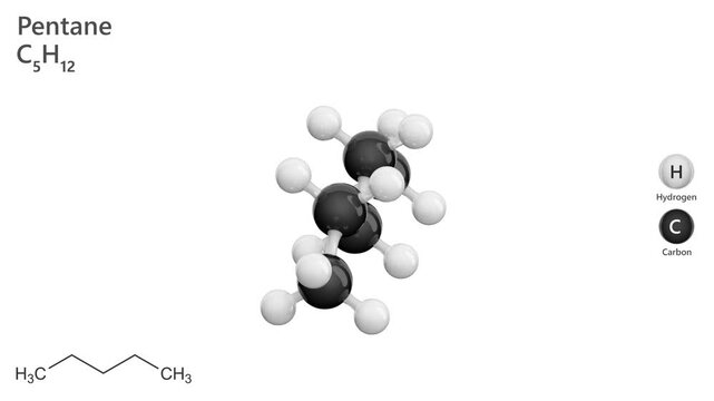 Molecule of Pentane (C5H12) is a colorless, flammable liquid alkane with a straight-chain structure. It is used as a solvent, in the production of gasoline. White background. Seamless loop. 3D render