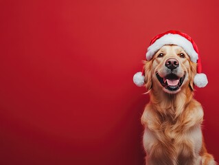 A cheerful golden retriever wearing a Santa hat sits against a vibrant red background, capturing the festive spirit and joy associated with the holiday season.