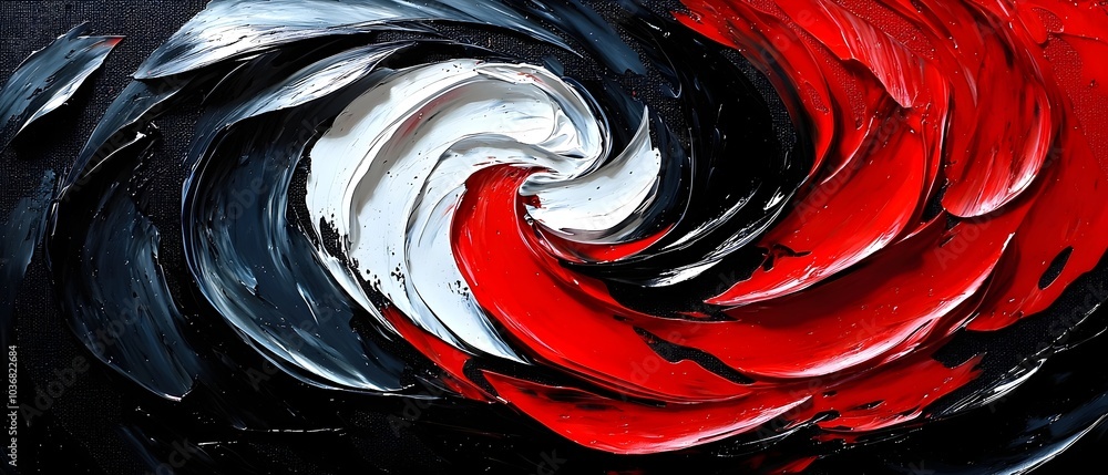 Poster abstract swirl of black, white, and red paint creating a dynamic and vibrant composition that evokes