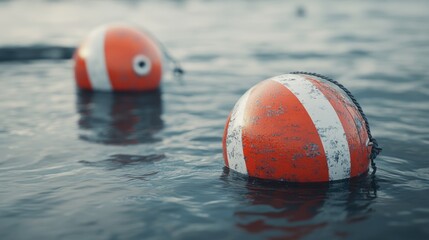 Two colorful buoys floating on calm waters