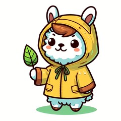 Obraz premium Cute Llama Wearing Raincoat And Holding Leaf Cartoon Vector Icon Illustration