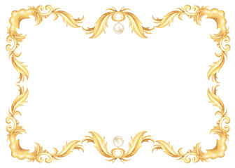 Luxurious gold rectangular frame in watercolor style. Hand drawn ornate design with baroque and victorian swirls. Perfect for vintage cards, elegant invitations. Background for cards