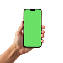 Person Holding Smartphone with Green Screen for Display Purposes.