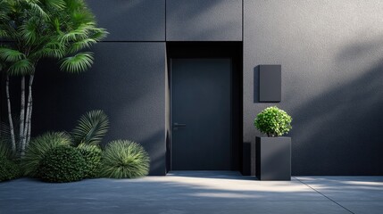 A black building with a plant in front of it