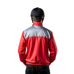 Obraz premium Person Wearing a Bright Red and Gray Jacket from the Back.