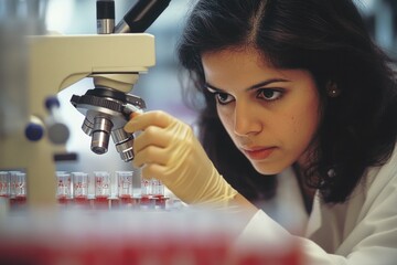 A woman in a lab coat examines an unknown sample under a microscope