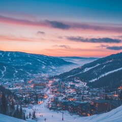 Fototapeta premium Scenic winter landscape at sunset, showcasing a snowy town and mountains.