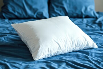 A white pillow sits on the surface of a blue bed, providing a pop of contrast and color