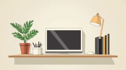 A laptop sits on a shelf next to a potted plant and a lamp