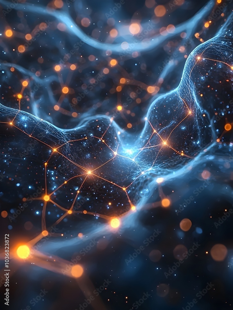 Poster an abstract digital network illuminated by glowing orange and blue nodes, creating a mesmerizing dep