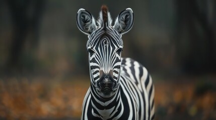 Naklejka premium A zebra standing in a wooded area with its head turned slightly to the side, showing its face.