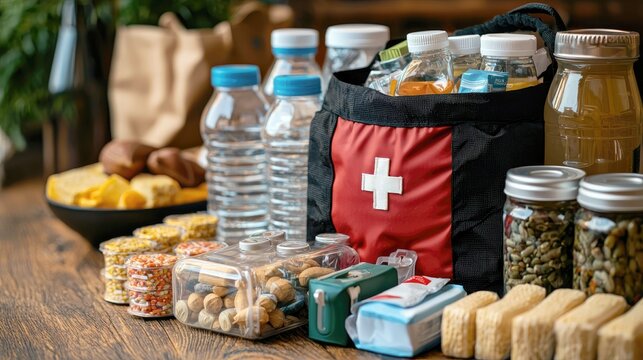 Emergency preparedness kit with food, water, and first aid supplies.