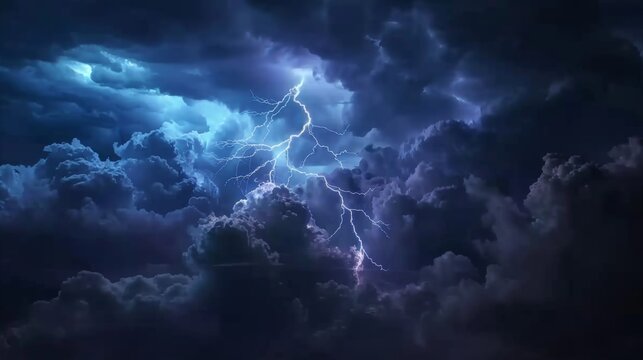 Dramatic lightning storm illuminating a dark night sky with intense flashes and ominous clouds