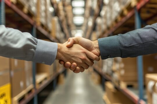 Two businessmen shake hands in a warehouse setting, symbolizing a successful agreement or partnership
