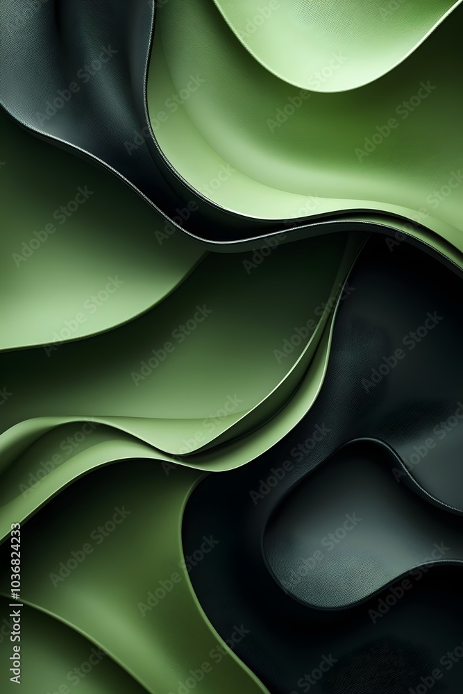 Poster an abstract composition featuring flowing green and dark green curves, creating a sense of depth and