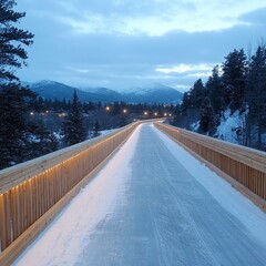 Obraz premium A snowy pathway with wooden railings and mountains in the background.