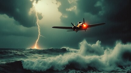 An airplane flying over a stormy ocean features a medium-sized propeller plane struggling through turbulent weather.