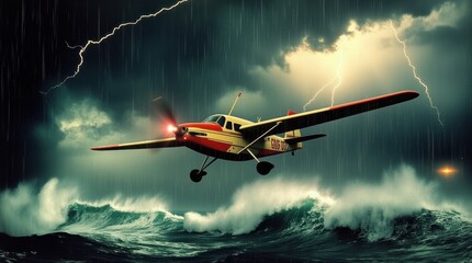 An airplane flying over a stormy ocean features a medium-sized propeller plane struggling through turbulent weather.